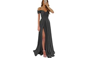 Wirunsy Women's Off The Shoulder Bridesmaid Dresses with Slit Satin Formal Gowns Long Prom Evening Party Dress with Pockets