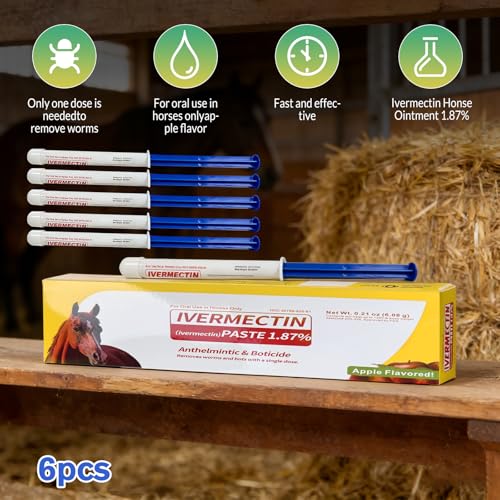 ARELYDU Ivermectin Pasta de Caballo 1,87% desparasitario – Sabor a Manzana para Caballos de hasta 1250 LB, Cuidado Diario para Caballos, Paquete de 6