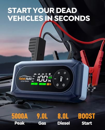 YaberAuto 5000A Car Battery Jump Starter with Air Compressor & Gloves, Car Jumper Starter Portable with 150PSI Tire Inflator, 12V Jump Box (9L Gas/8L Diesel) Jumper Cables, 18W Fast Charge 800LM Light