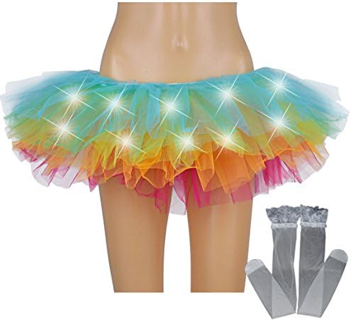 YBKJ Women's Led Light Up Rainbow Neon Dance Tutu Free Stocking Included- One Size