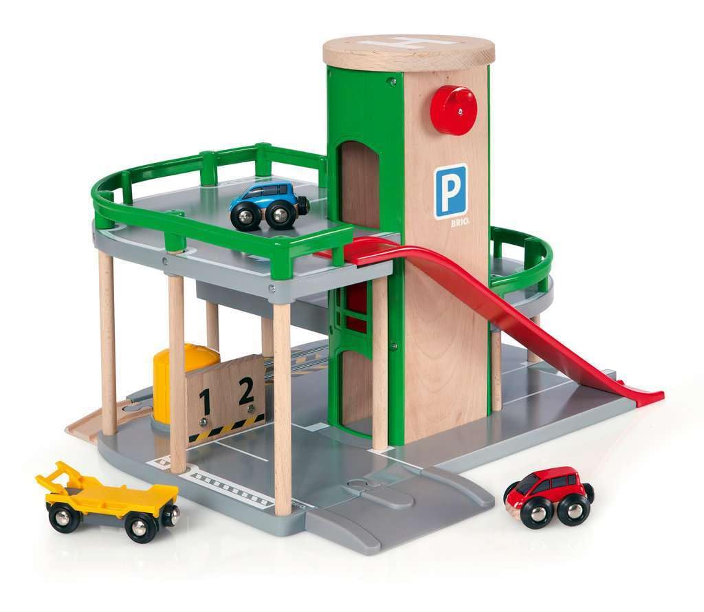 BRIO World Parking Garage - 7-Piece Wooden Toy Garage with 2 Cars, 1 Transporter Wagon, and Wooden Ramp Tracks - Works with All BRIO Train Sets - FSC-Certified - Sparks Creativity & Fun - Ages 3 & Up