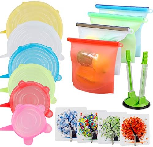 Reusable Silicone Food Storage Bags,WOHOME 30oz Airtight Seal Food Preservation Bags,1 Reusable Bags Holder,6 Pack Various Sizes Expandable Silicone Stretch Lids,4 Pack Adhesive Wall Hooks