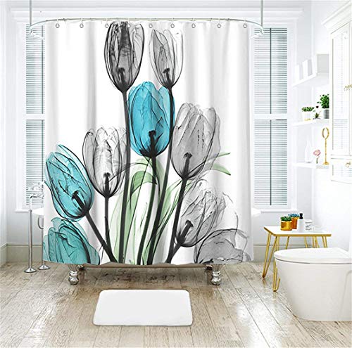image for Livilan Shower Curtain Set with 12 Hooks Floral Bath Curtain Thick Fab