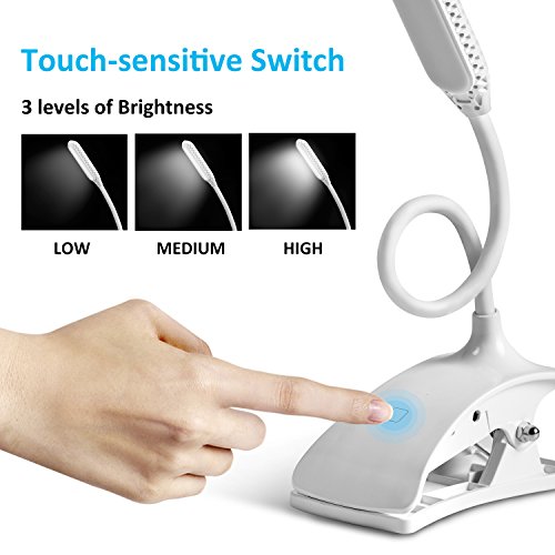 Joytech Led Reading Light, LED Clip Book Light [360Â° Adjustable,3 Brightness,Touch Switch] 12 LED Rechargeable USB Bedside Desk Book Lamp Music Stand Light with Eye Protection for Bookworms & Kids