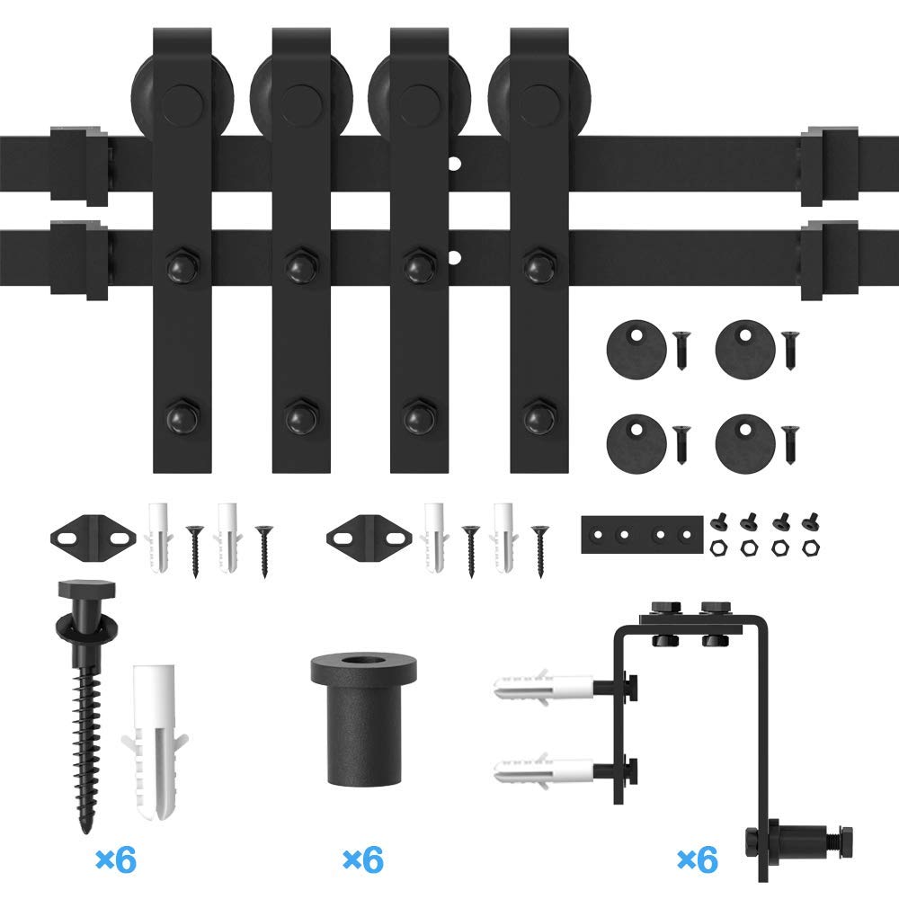 ZEKOO 4 Foot - 16 Foot Double Track Bypass Barn Door Hardware Kit Low Ceiling Wall Mount for Closet Double Wooden Doors (9 Foot Bypass kit)