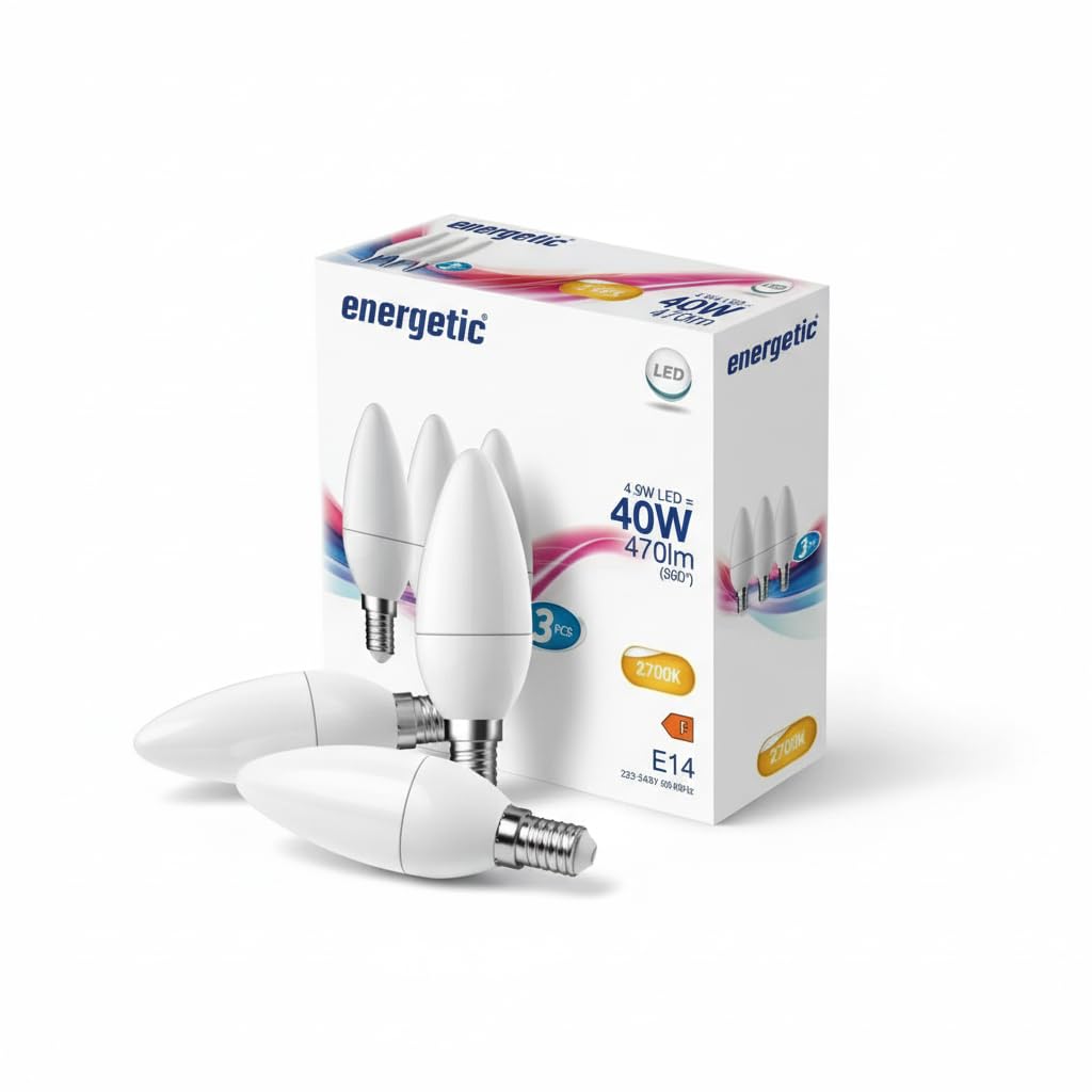 Energetic Candle Frosted LED Light Bulb, E14, 5.8W, 470 Lumens, Warm White 2700K - 3 Pack