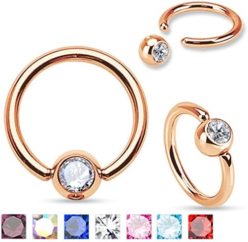 16G Rose Gold Plated Gem Set Captive Bead Ring. 7 Colors! Sold Individually. (Clear, 1/4")