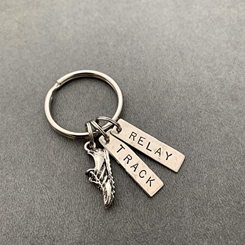 RUN TRACK RELAY Key Chain - Running Shoe Charm and Hand Stamped TRACK and RELAY Pendants on Round Key Ring - Track Relay Race