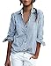 Women's Lapel Vertical Striped Buttons Pocket Blouse (M, Blue)