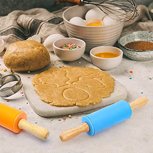 Koogel Mini Rolling Pin, 2 Pack 9 Inch Kids Rolling Pins Wooden Handle Non-Stick Silicone Rolling Pins for Children Baking Kitchen Tools