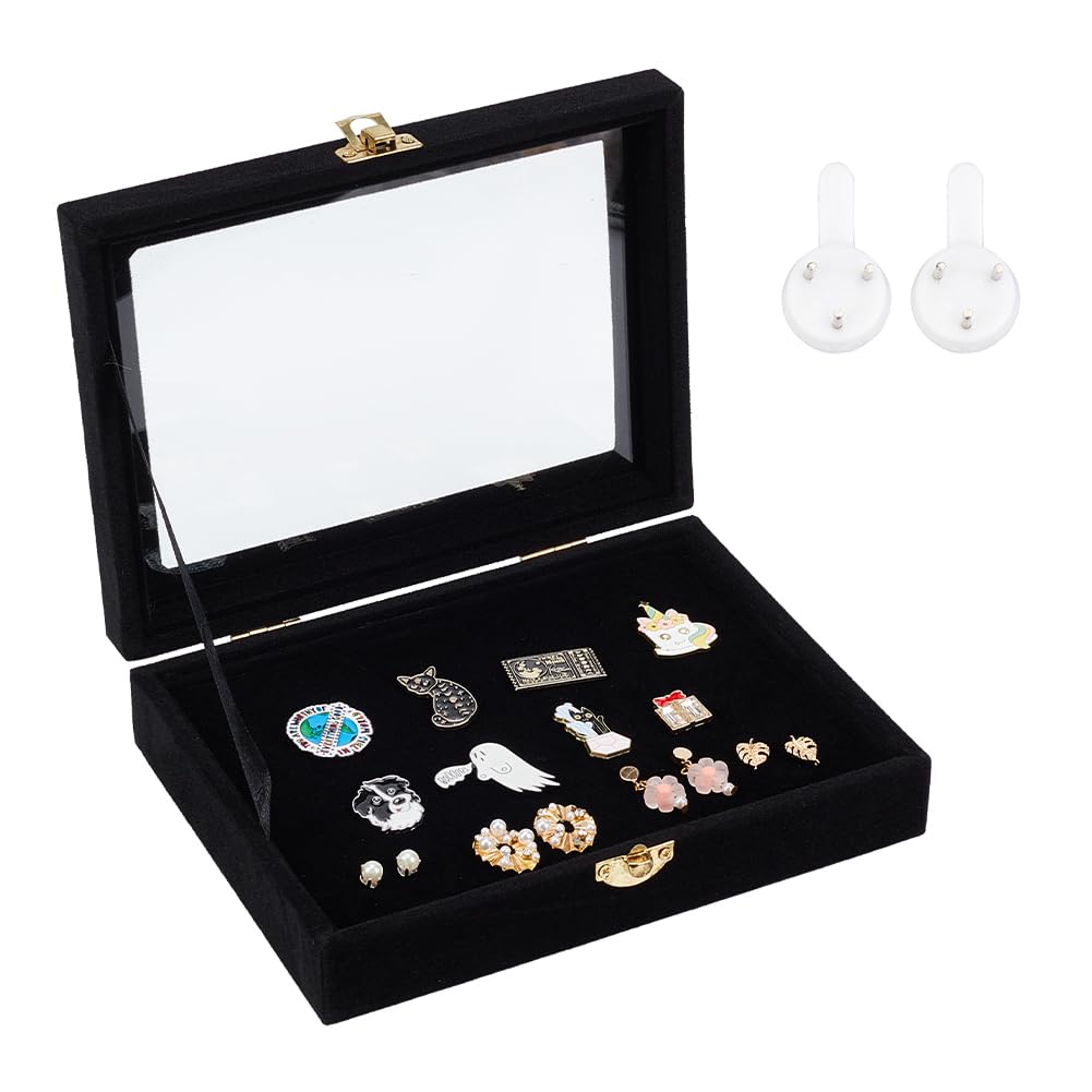 NBEADS Black Velvet Pin Display Case, 20.3x16.3x4.8cm Wall Hanging Brooch Jewelry Storage Case Wooden Presentation Boxes with Glass Window and Hangers for Coin Medals Pins Badges Display and Storage