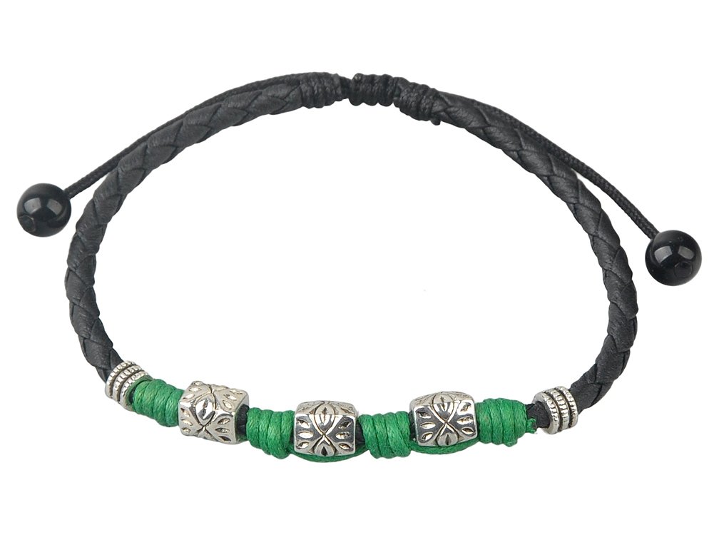 Black Braided Leather Anklet with Silver-Tone Embossed Beads and Green Wrap – Adjustable 9 Inches / 23cm Boho Bracelet for Men and Women