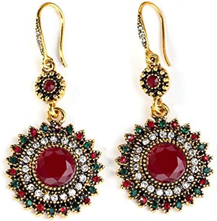 Happy Hours - Women Vintage Bohemia Style Rhinestone Eardrops / Sunflower European Style Elegant Earrings / National Style Diamante Ear Stud / Exquisite Gemstone Gift for Girlfriend,Ladies(Gold red)