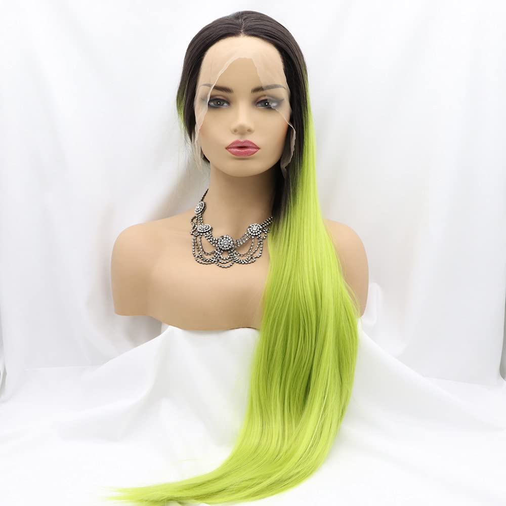 Xiweiya 30 Inches Apple Green Straight with Dark Roots Synthetic Lace Front Pea-green Wigs Middle Part Wig Long Straight Soft Hair Replacement Wig for Women, Drag Queen Makeup 24 inch