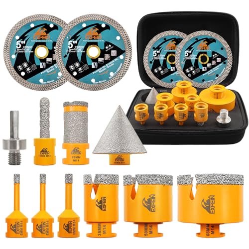 12-Piece Diamond Tile Drill Bit Kit – EXFEIN Hole Saw 6/6/8/25/35/50/68 mm + 10 mm Finger Drill Bits + 50 mm Bevelled Chamfer Bits + Adapter + 2 x 125 mm Diamond Disc for Porcelain Marble Granite