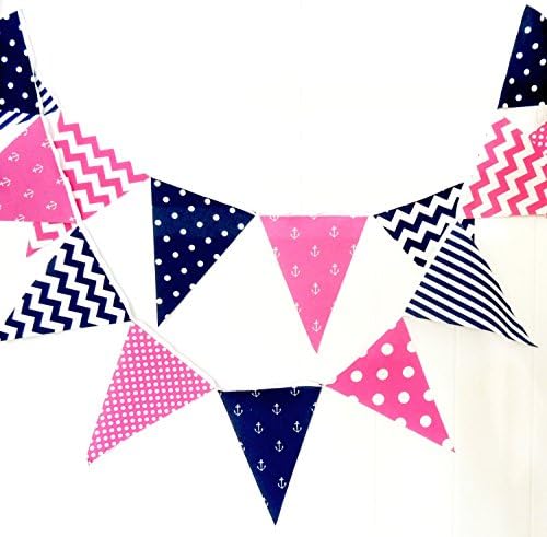 Party Bunting, Banner, Fabric Pennant Flags, Nautical Girl, Birthday, Navy Blue, Hot Pink, Anchors, Chevron, Baby Nursery Decor, Garland