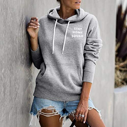 Hebe Top Women's Stay Home Squad Graphic Prints Sweatshirt Teens Cute Casual Hoodie Tops Gray