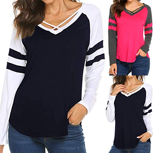 Women Sexy V-Neck Long Sleeve Patchwork Cross Undershirts T-Shirt Blouse Tops Red - Thumbnail 4