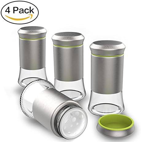 Tonicstar Seasoning Bottle Spices Shaker Fashion Design Containers Durable Stainless Steel and Lead-free Glass Bottle with Pour and Sift Shaker, 4 Pack