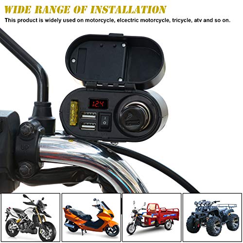 BlueFire 5V/3A Dual USB Charger Socket Waterproof Motorcycle Handlebar & Rear View Mirror Clamp Power Adapter Charger with Cigarette Lighter Socket, Clock and Voltmeter for Phones/Tablets/GPS