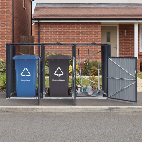 Goplus 7.8 x 2.6 FT Outdoor Trash Can Storage, 3-Bin Metal Garbage Shed with Flip-Up Lids & Lockable Doors, Galvanized Steel Utility Enclosure for Garden Tools Equipment, Patio, Backyard & Yard