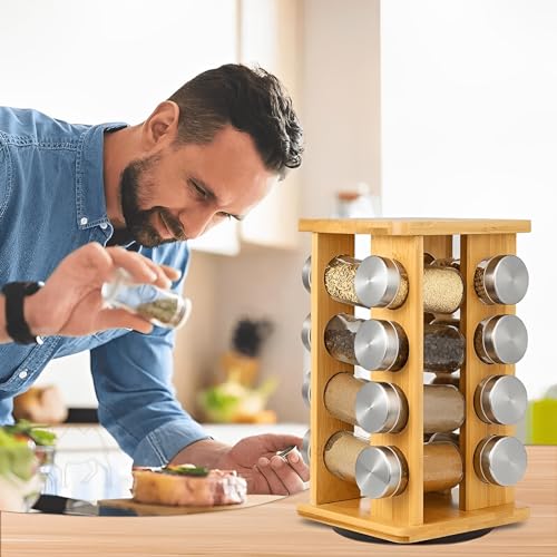 Porta Temperos de Bambu Giratório 16 Potes de Vidro Organizador Condimentos Especiarias Cozinha