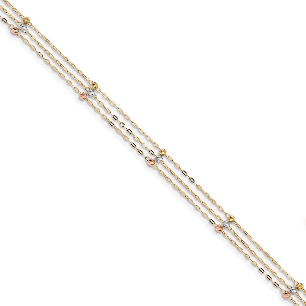 14k Tri Color Yellow White Gold 3 Strand Beaded Anklet Ankle Beach Chain Bracelet Fine Jewelry Gifts For Women For Her