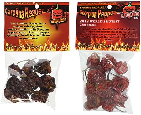 Dried Carolina Reaper Pepper Pods with Dried Trinidad Moruga Scorpion Pepper Pods - 1/4 oz each