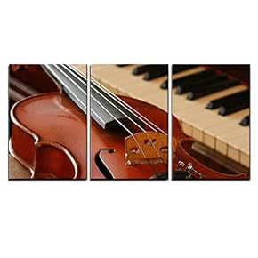 3 Piece Canvas Wall Art - Old Violin and an Old Walnut Piano - Modern Home Art Stretched and Framed Ready to Hang - 16"x24"x3 Panels