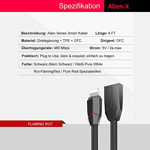 Lightning Kabel, iPhone Kabel, ASMOTIM 1.2 M Zink legiertem Lightning auf USB Ladekabel Ladegerät mit LED für iPhone X /8/ 8P/ 7/7P, iPhone6S/6 ,iPhone 5/5S/5 C/SE, iPad Mini 2 3 4 Air iPod ios10 und mehr（Schwarz）