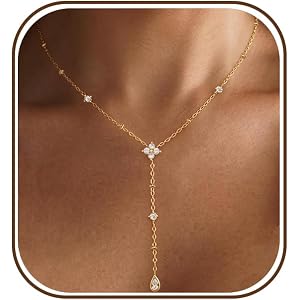 zvcofun Long Necklaces for Women, Dainty Lariat Necklace 14K Gold Plated Teardrop Clover Y Shaped Drop Necklace Simple Chain