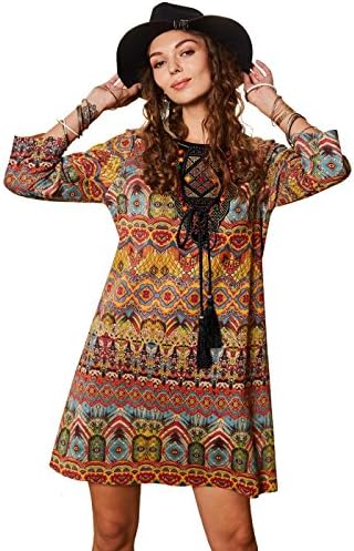 Bohoartist Women's Ethnic Suede 3/4 Sleeve Printed Boho Tunic Mini Dress With Zipper