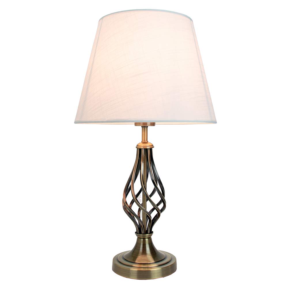 Happy Homewares Traditional Antique Brass Table Lamp with Barley Twist Metal Base and Ivory White Linen Shade | 60w Maximum | Ideal for Bedside Lamps