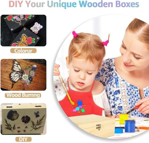Unfinished Wooden Box With Lid, 17 * 13 * 7.9cm Unfinished Wooden Box With Hinged Lid, All-Purpose Wooden Storage Box, Wooden Chest Memory Box for Women Girls Kids for Jewelry Peals Card