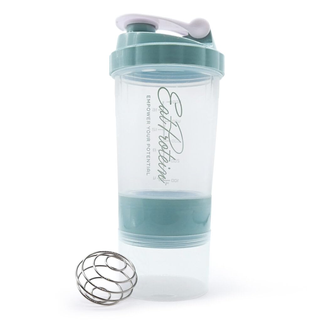 EatProtein 500ml Protein Shaker with Mixing Ball and 2x Storage – BPA Free – Leak-Proof Shaker Bottle with Flip Cap (Green)