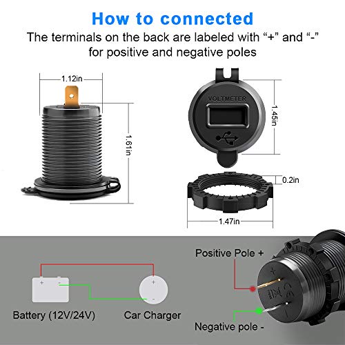 Opluz Dual QC3.0 USB Car Charger, Quickly Charge 4.8A USB Car Socket x2&Waterproof Power Outlet with LED Voltmeter for 12V/24V Car, Boat, Marine, RV, Motorcycle Mobile Build-in 10A Fuse Car Kit-Black - Thumbnail 5