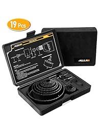 JELLAS - Kit de sierra de agujero (19 piezas, 3 4"-5" (incluye 1" y 1 3 8") en caja dura, 2 mandriles, 1 placa de instalación, 1 llave hexagonal, agujeros de precisión duraderos y cortados para madera blanda, tablero de PVC y plástico)