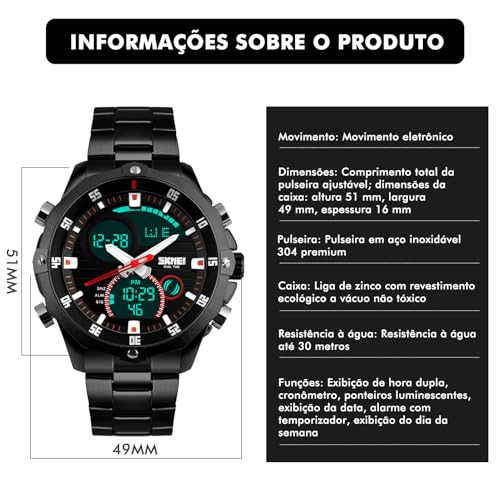 Relógio Masculino Militar de Aço Inoxidável, Resistente à Água 30M, Analógico-Quartz, com Calendário, Estilo Esportivo Casual e Negócios