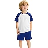 Haloumoning Toddler Baby Boy 2 Piece Summer Outfits Kids Colorblock Short Sleeve Raglan T Shirts and Shorts Set Clothes 1-8Y