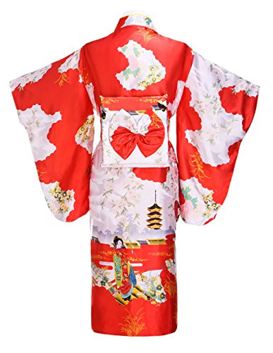Yukata de la mujer Gorgeous tradicional japonesa satÃ©n Kimono Robe,Red, Free Size