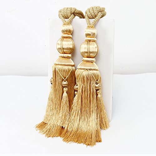 BERTERI 1 Pair Decorative Curtain Rope Tieback with Tasselsï¼Œ Luxury Elegant Gold Curtain Beads Tassels Holdback Window Treatment Accessories