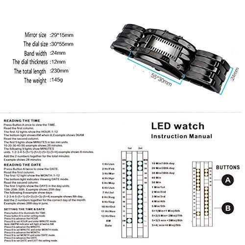Fashion Mens Binary Sports Watch Digital LED Matrix Waterproof Outdoor Casual Black Bracelet Square Blue Backlit Watches