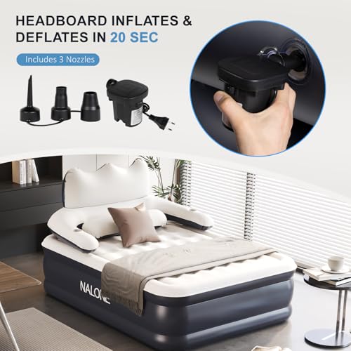 NALONE Matelas Gonflable 2 Personnes Electrique, Lit Gonflable Autogonflant 203x152x45cm, Pompe Électrique Intégrée avec Dossier Amovible (2 Personnes)