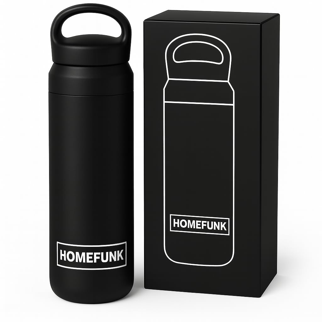 HOMEFUNK Insulated Stainless Steel Smart Metal Flask for Hot and Cold Drinks Coffee and Baby Bottles Leakproof Water Bottle Metal Hot Water Flask 500ml (Matte Black)
