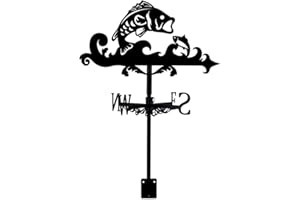 SUPERDANT Bass Fish Weathervane Wrought Iron Wind Vane Animal Metal Weather Vane Roof Garden Direction Sign Weathercock Outdoor Farmhouse Decoration Garden Wind Measuring Tool Black