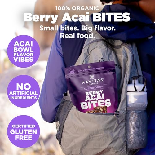 NAVITAS ORGANICS BERRY ACAI SUPERFOOD+ BITES – POWER SNACKS – ALL NATURAL PLANT BASED – CLEAN ENERGY & NUTRITION – USDA ORGANIC, NON GMO, GLUTEN FREE, SOY FREE, KOSHER, VEGAN (8OZ. BAG 11 SERVINGS)