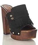 Nature Breeze Women's Faux Suede Platform Clog Chunky Block Heel Open Toe Fringe Sandals