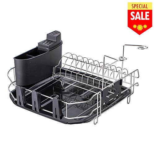 VESLA HOME Sink Countertop Kitchen Dish Drying Rack in Sink Dish Drainer with Drain Board and Cutlery Cup, Stainless Steel Silver Wire/Black Plastic - Thumbnail 7