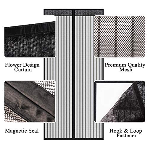 Veidoo Magnetic Screen Door, Self Sealing, Hands Free, Heavy Duty Mesh Curtain with Hook & Loop Fastener to the Door Frame Fits Door Size Up to 34 x 82 inch Max, protect your home against Bug Mosquito