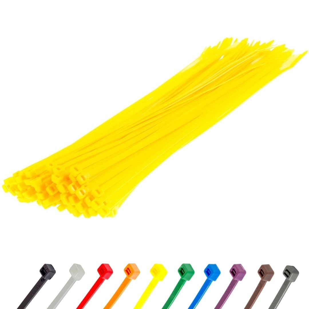 GTSE Yellow Cable Ties, 300mm x 3.6mm, Pack of 100, 12” Premium Nylon Zip Ties, Multi-Purpose Plastic Tie Wraps, Secure Self-Locking Mechanism, for Home, Garden, Office and DIY